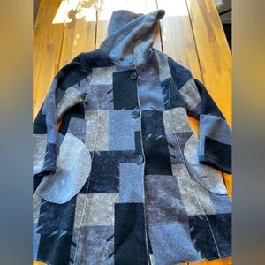 Damee Women's Blue Patchwork Hooded Long Coat With Pockets Size Small